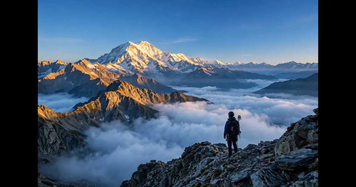A climber on a rocky summit at dawn looking toward a higher distant peak across a sea of clouds