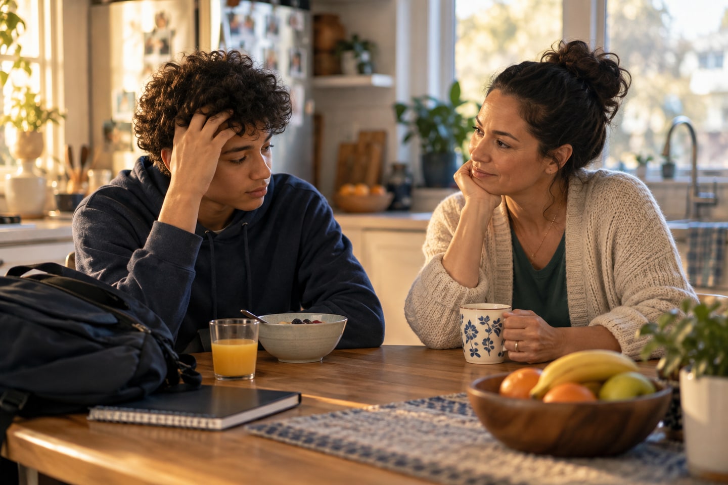 Parent talking calmly with teen at the kitchen table on a school morning