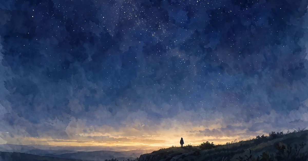 Illustration of a deep indigo night sky fading into a gold sunrise band at the horizon, a single small figure watching