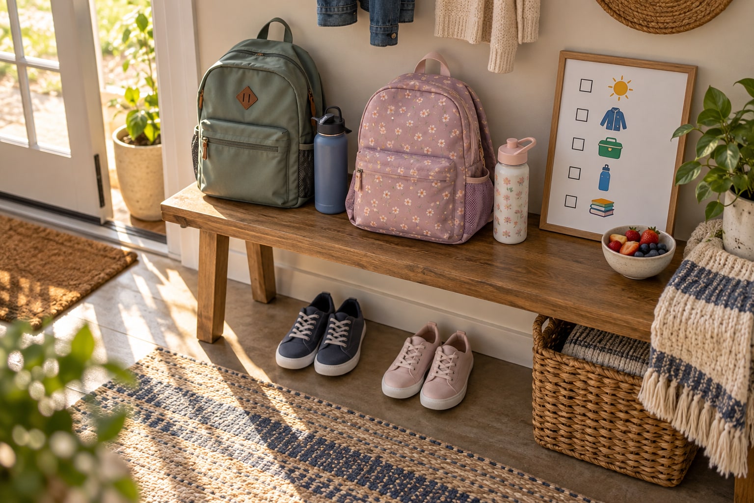 Backpacks, shoes, water bottles and a picture checklist arranged in a sunny entryway