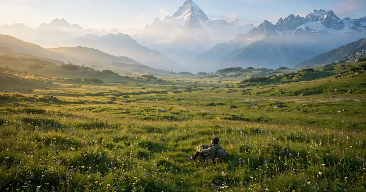 A lone figure resting in a lush green valley with a sharp snowcapped peak hazy in the distance
