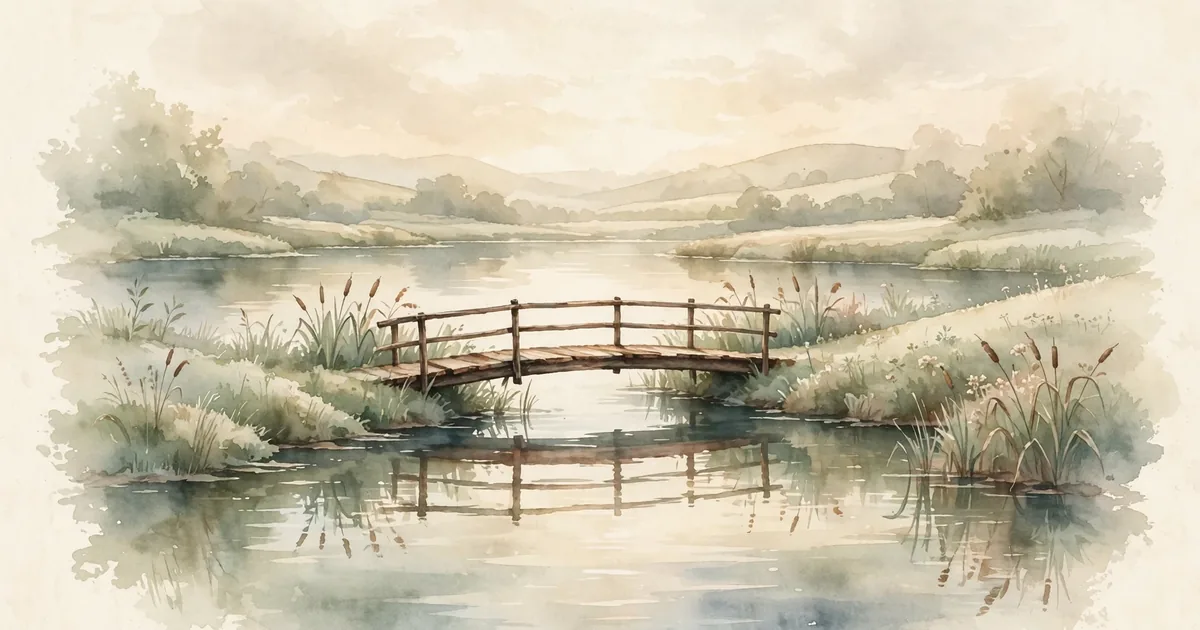 Soft watercolor of a simple wooden bridge over calm water at dawn, in sage and cream
