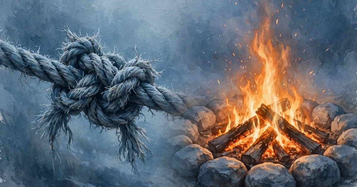 Diptych illustration: a knotted rope pulled tight beside a contained campfire flame ringed with stones.