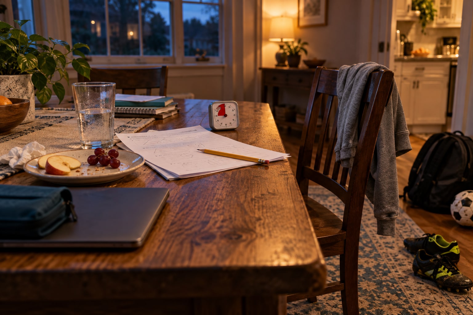Unfinished homework, a snack, sports gear and a timer left on a dining table after school