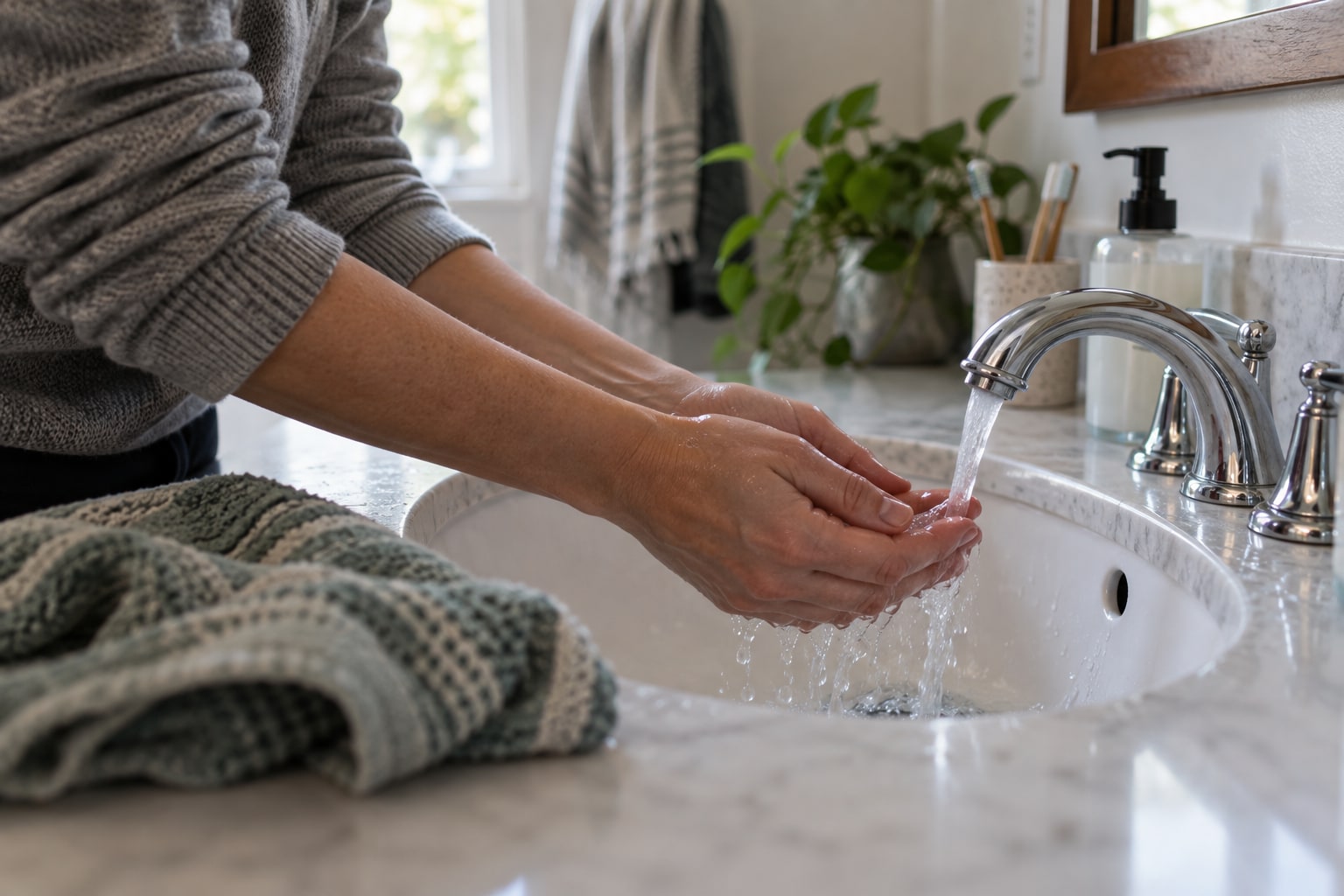 Adult hands cooling under running water at a bathroom sink