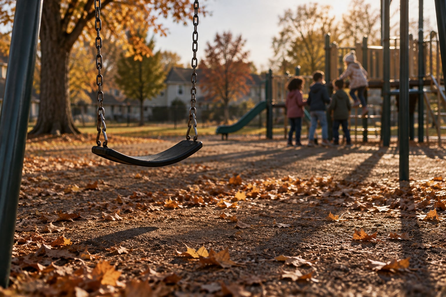 Empty playground swing with a group of children playing in the distance