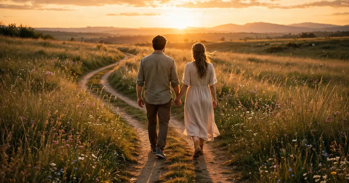 A couple walking hand in hand down a path at sunset in warm gold light, a hopeful new beginning