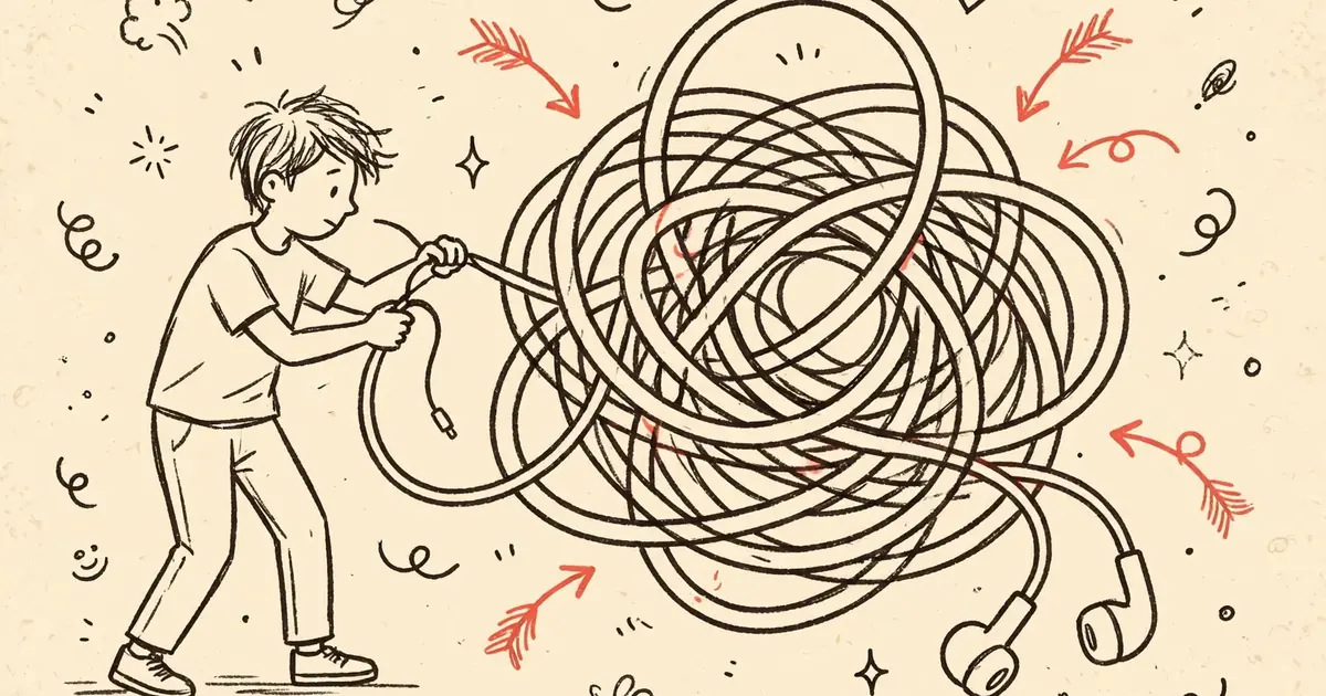 Hand drawn doodle of a person untangling giant knotted headphones, with coral arrows pointing to the knots