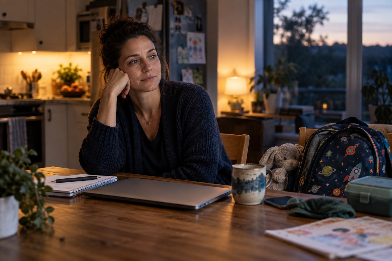 A working parent sitting quietly at the kitchen table after finishing the day’s responsibilities