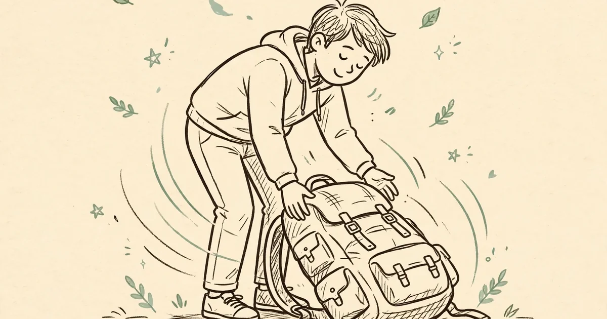 Hand drawn doodle of a person setting down a heavy backpack, with a relieved smile and sage green accents