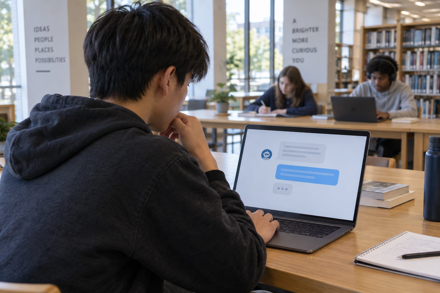 East Asian teenager using an AI chat on a laptop at a public library study table