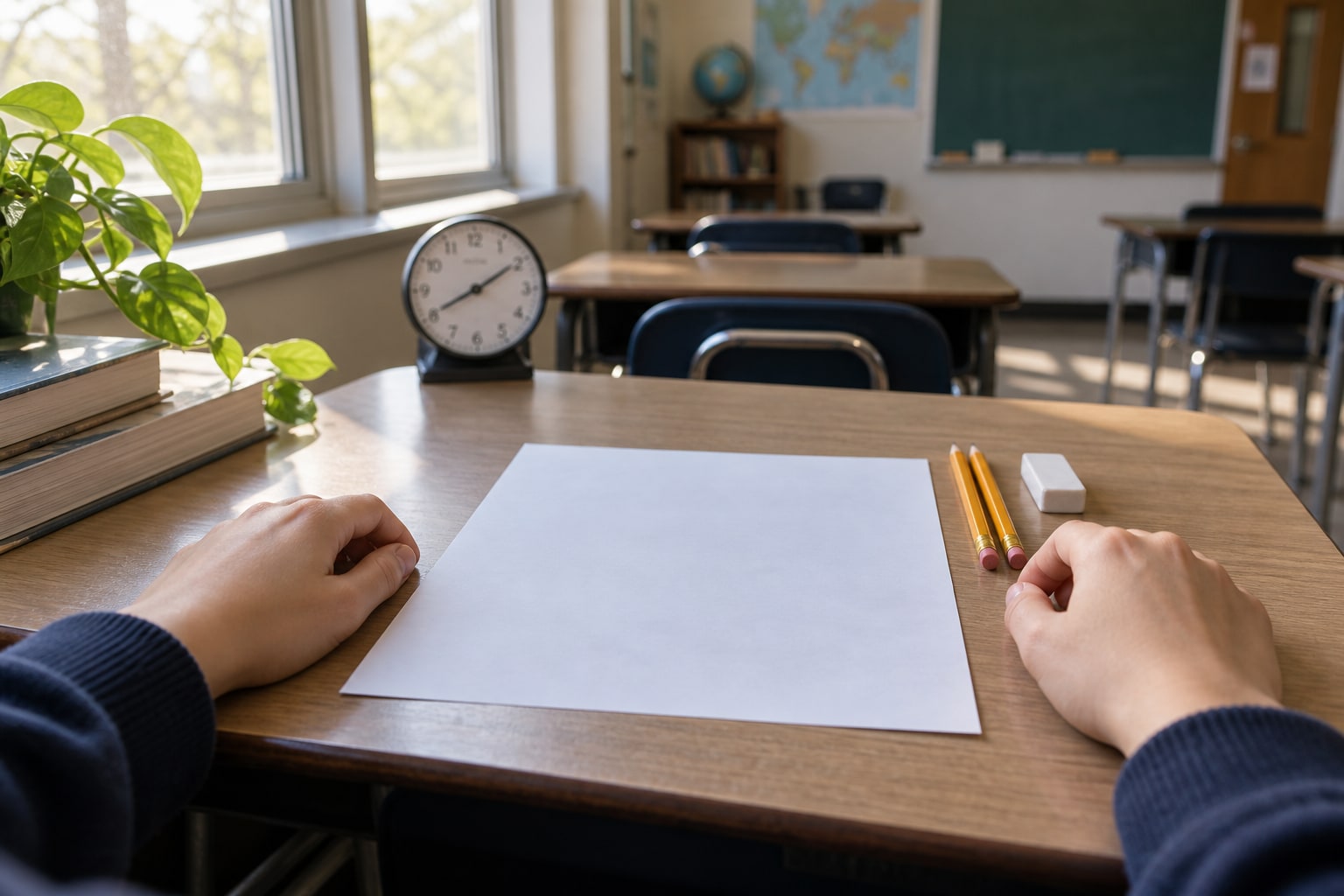 Student hands resting beside a blank test page, pencils and a classroom clock