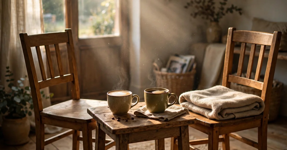 Two coffee cups on a small table between two empty chairs in soft morning light, a quiet pause before repair