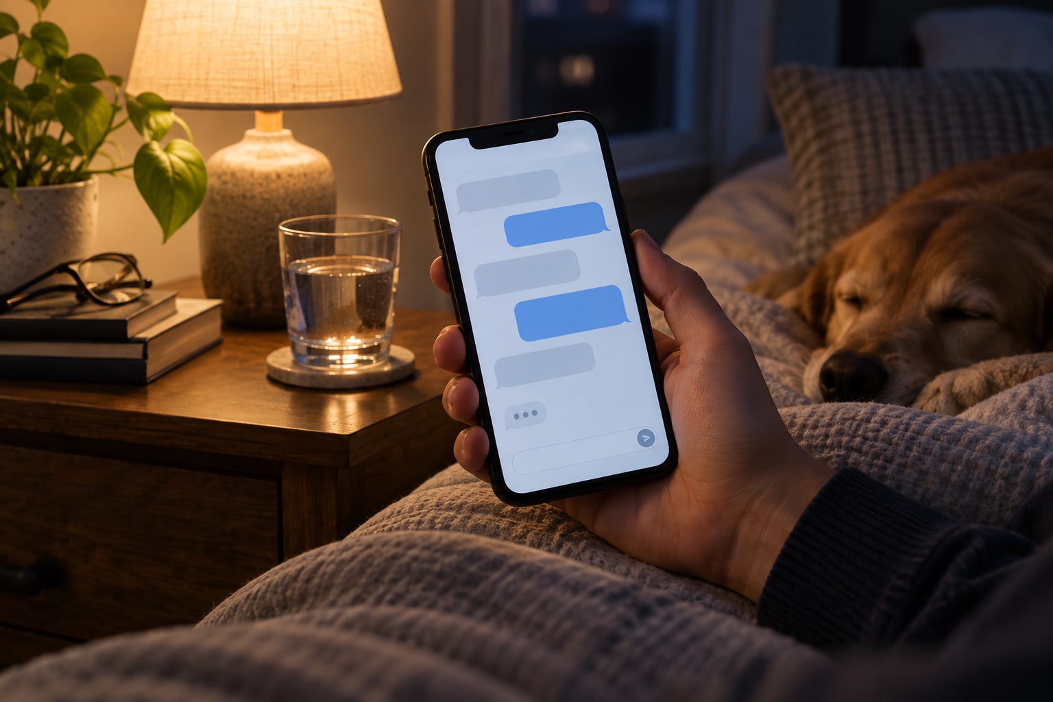 Hand holding a phone with an open text conversation beside a warm lamp and a sleeping dog