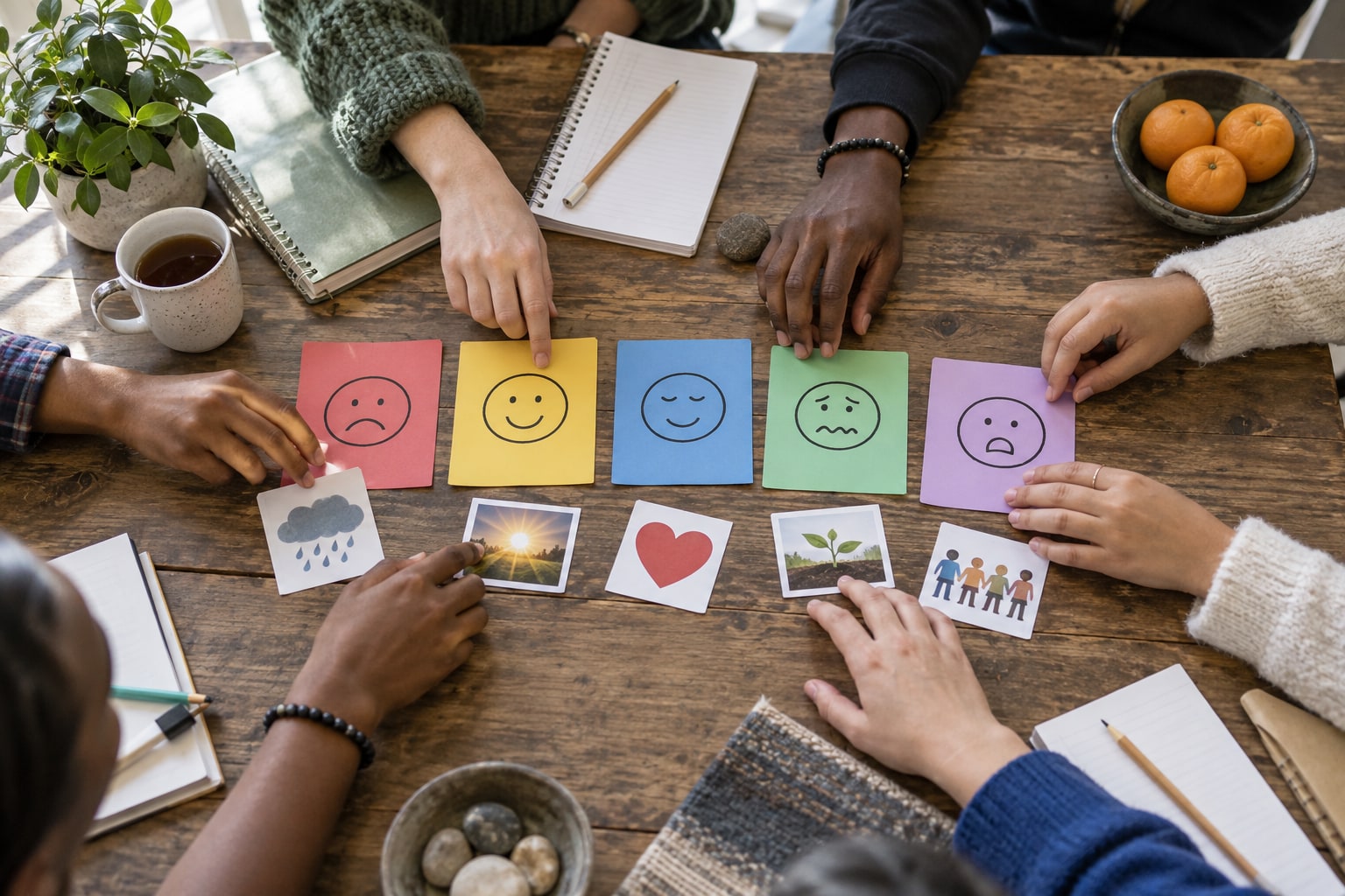 Diverse hands arranging feeling cards and picture symbols around a workshop table