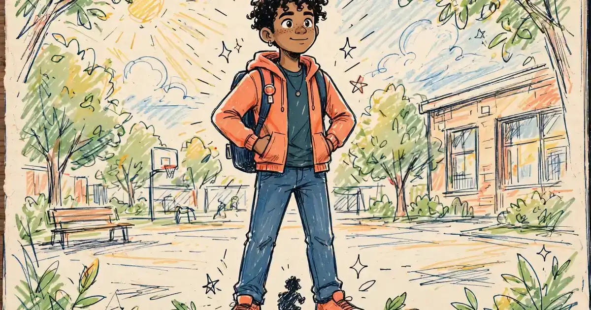 Sketchbook illustration of a teen standing tall in a bright schoolyard while a small shadow shrinks at their feet