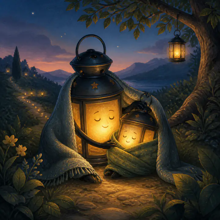 One glowing lantern sheltering another while both keep their light