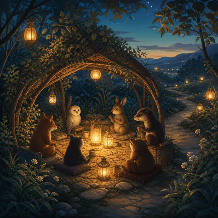 Several warm lanterns gathered in a shared woodland clearing