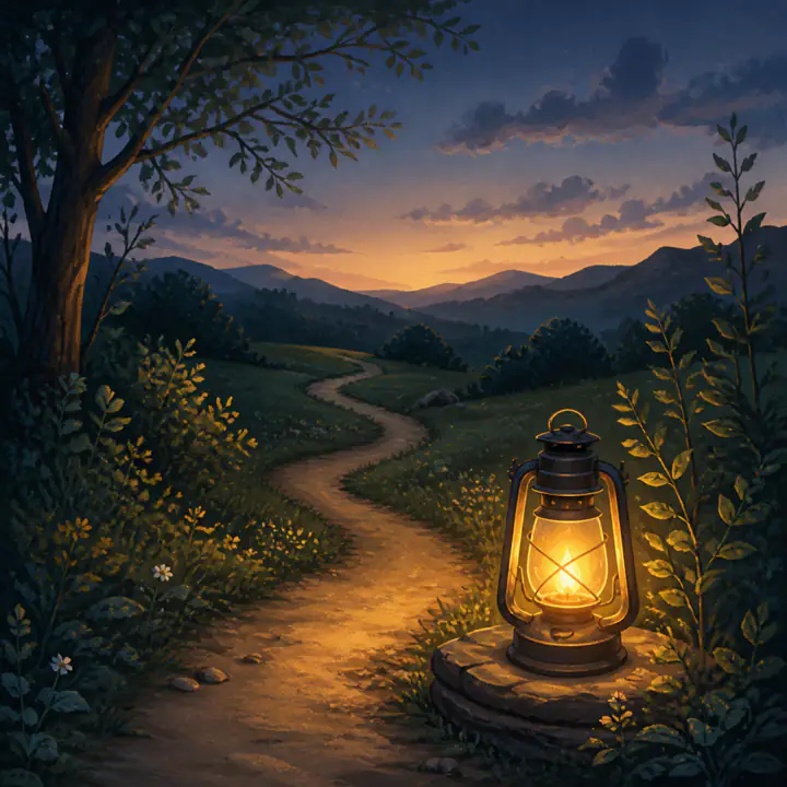 A warmly lit lantern beside a winding path at dusk