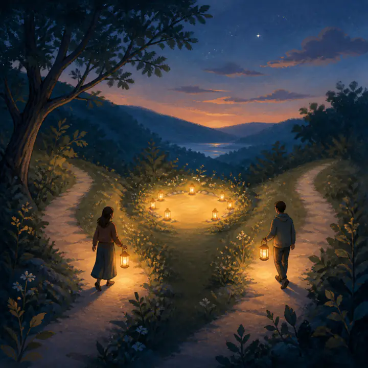 Two lantern-lit paths reaching toward a shared clearing