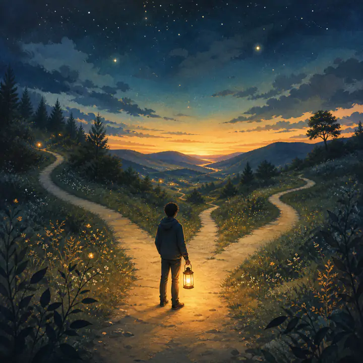 A young person holding a lantern where several paths open ahead