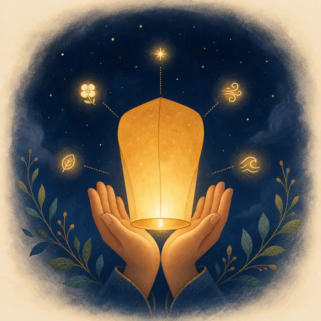 Hands holding a glowing paper lantern surrounded by symbols of the five senses