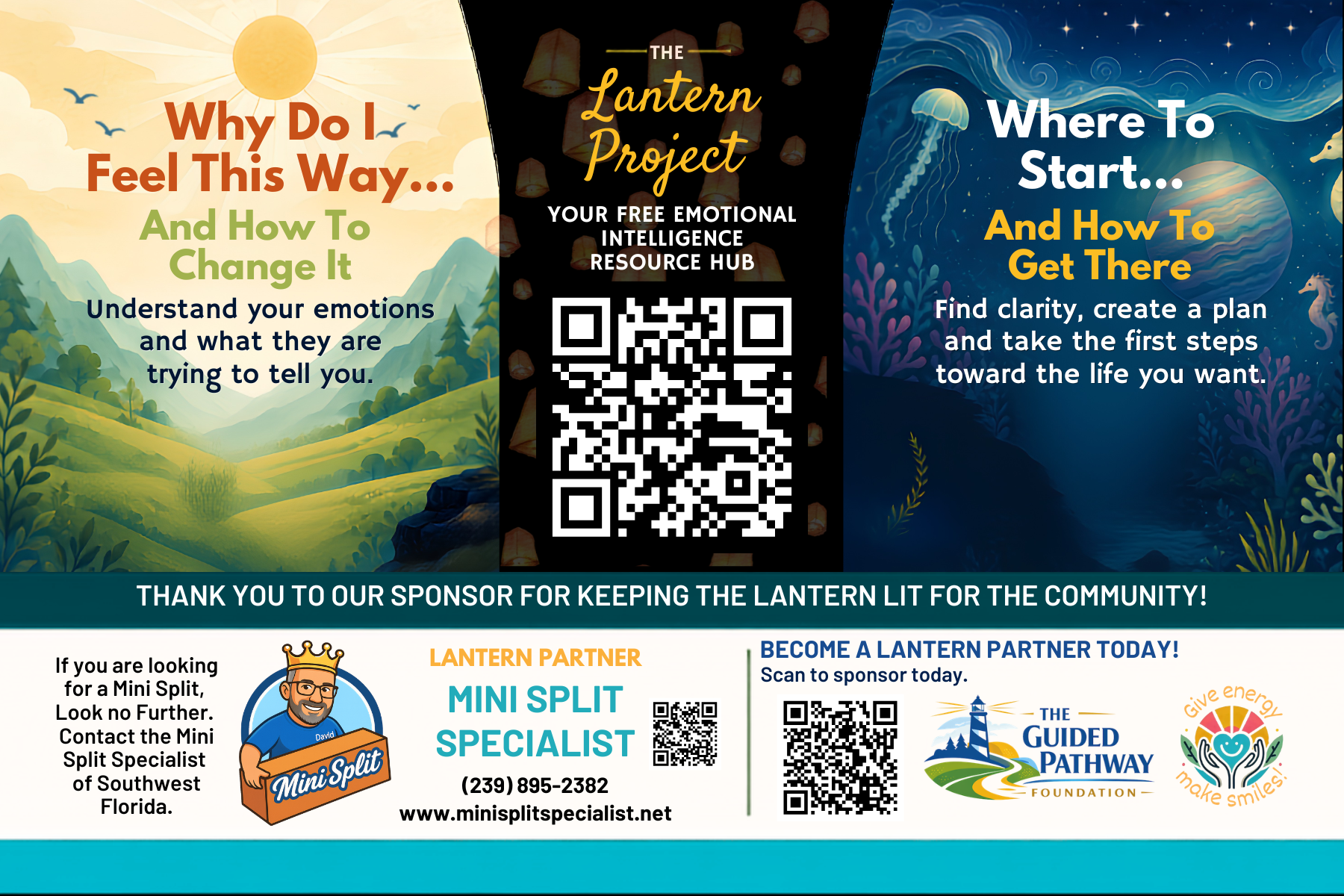 The Lantern Project magnet with emotional intelligence guides, a QR code and sponsor information