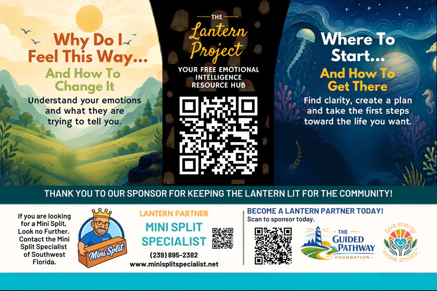 The Lantern Project magnet with emotional intelligence guides, a QR code and sponsor information
